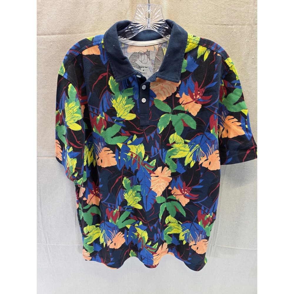 Original Use Mens Tropical Floral Polo Shirt Navy Blue Short Sleeve Size M